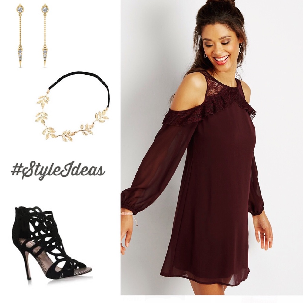 chiffon lace dress cold shoulders New!